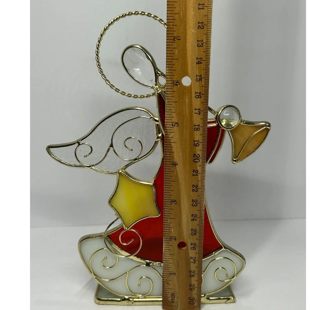 Stained Glass Angel Votive Candle Holder Red Gold Christmas Decor 6.5 Inch